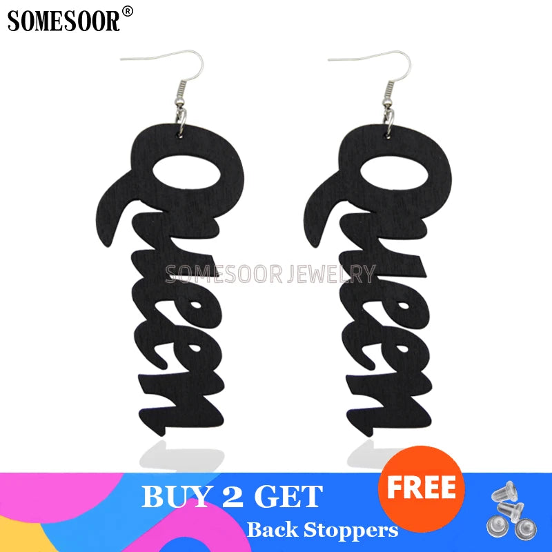 SOMESOOR Jewelry Hot Sale 9 Colors Laser Cutting QUEEN Word Shape High Quality Wooden Drop Pendants Cute Earrings For Women