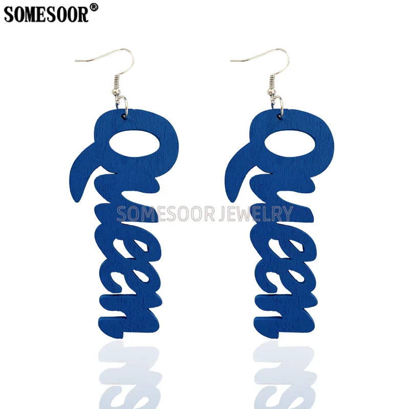 SOMESOOR Jewelry Hot Sale 9 Colors Laser Cutting QUEEN Word Shape High Quality Wooden Drop Pendants Cute Earrings For Women