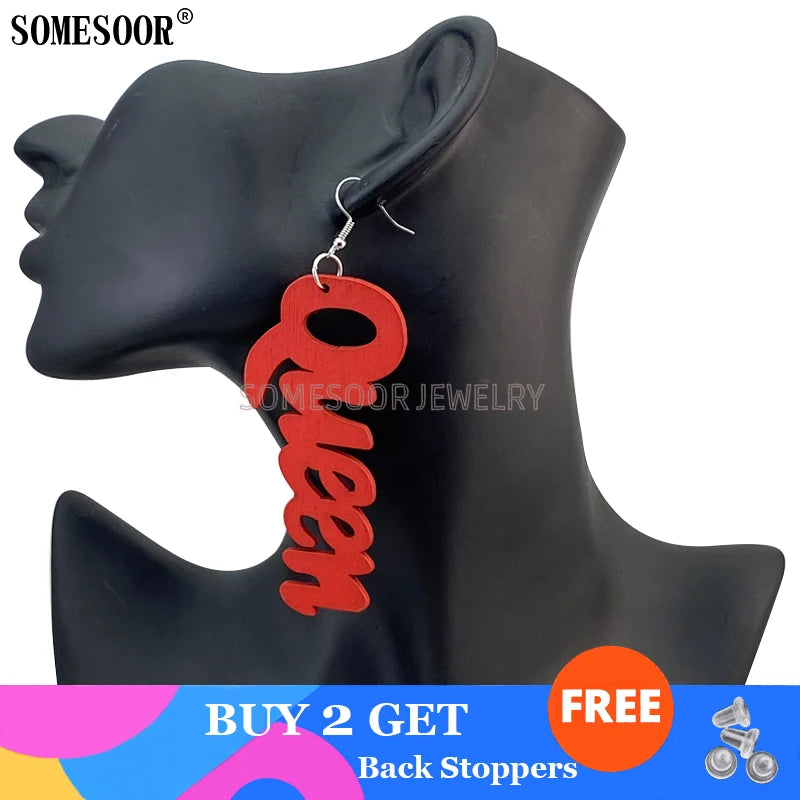SOMESOOR Jewelry Hot Sale 9 Colors Laser Cutting QUEEN Word Shape High Quality Wooden Drop Pendants Cute Earrings For Women