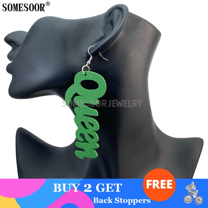 SOMESOOR Jewelry Hot Sale 9 Colors Laser Cutting QUEEN Word Shape High Quality Wooden Drop Pendants Cute Earrings For Women