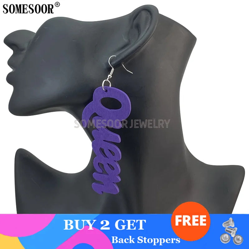 SOMESOOR Jewelry Hot Sale 9 Colors Laser Cutting QUEEN Word Shape High Quality Wooden Drop Pendants Cute Earrings For Women