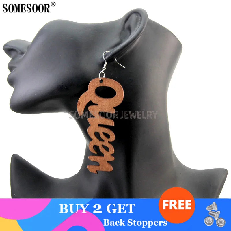 SOMESOOR Jewelry Hot Sale 9 Colors Laser Cutting QUEEN Word Shape High Quality Wooden Drop Pendants Cute Earrings For Women
