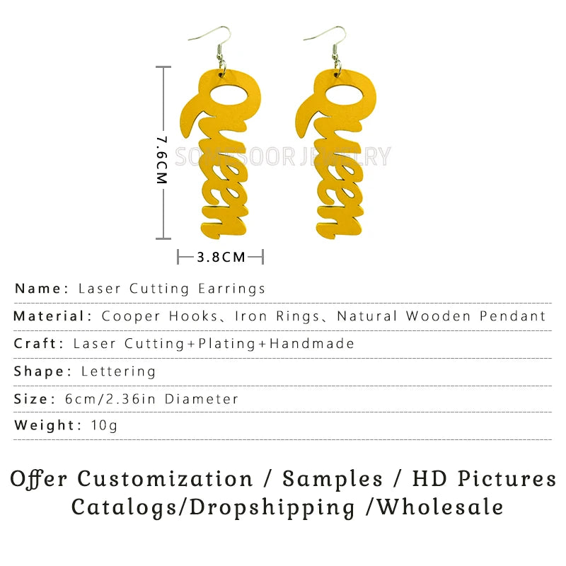 SOMESOOR Jewelry Hot Sale 9 Colors Laser Cutting QUEEN Word Shape High Quality Wooden Drop Pendants Cute Earrings For Women