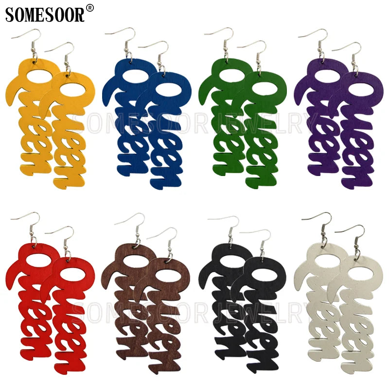 SOMESOOR Jewelry Hot Sale 9 Colors Laser Cutting QUEEN Word Shape High Quality Wooden Drop Pendants Cute Earrings For Women