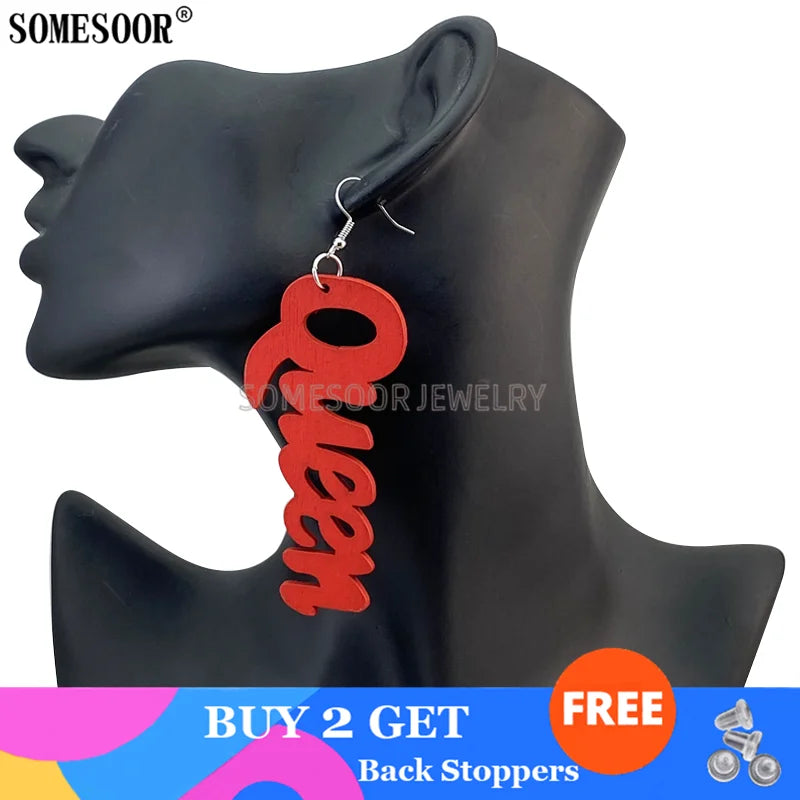 SOMESOOR Jewelry Hot Sale 9 Colors Laser Cutting QUEEN Word Shape High Quality Wooden Drop Pendants Cute Earrings For Women