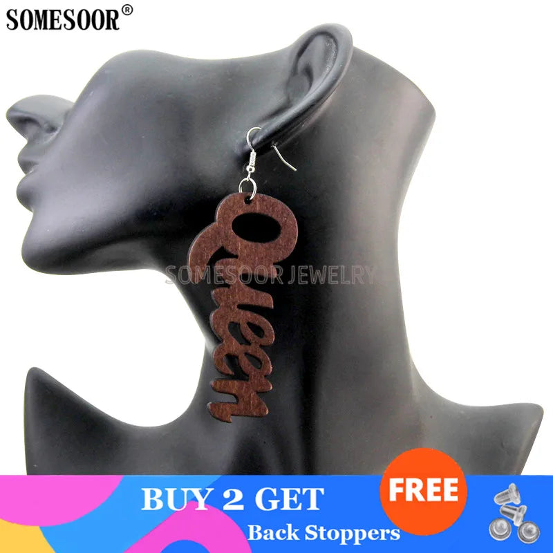 SOMESOOR Jewelry Hot Sale 9 Colors Laser Cutting QUEEN Word Shape High Quality Wooden Drop Pendants Cute Earrings For Women