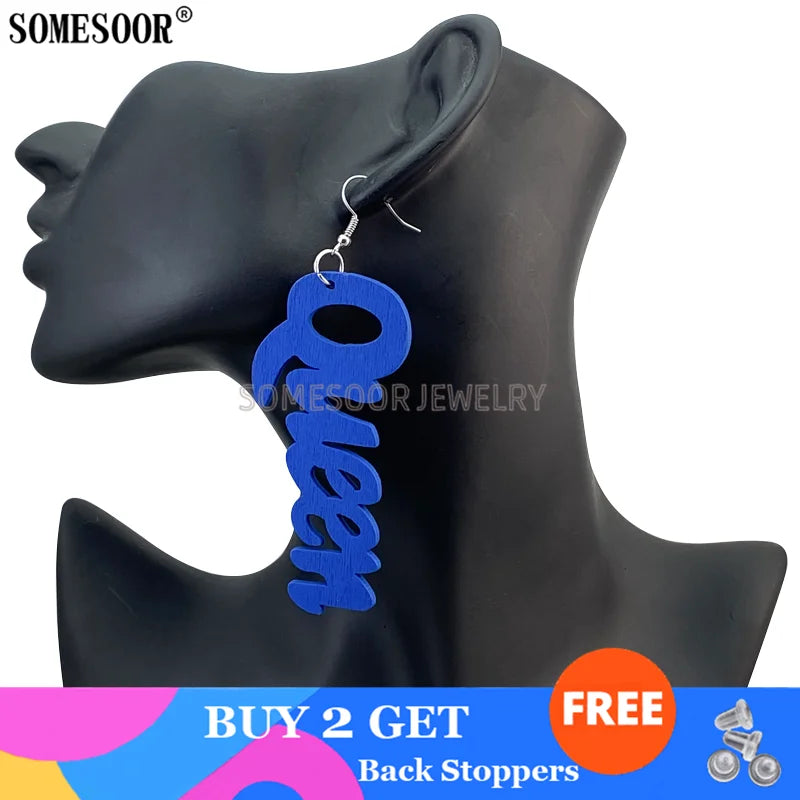 SOMESOOR Jewelry Hot Sale 9 Colors Laser Cutting QUEEN Word Shape High Quality Wooden Drop Pendants Cute Earrings For Women