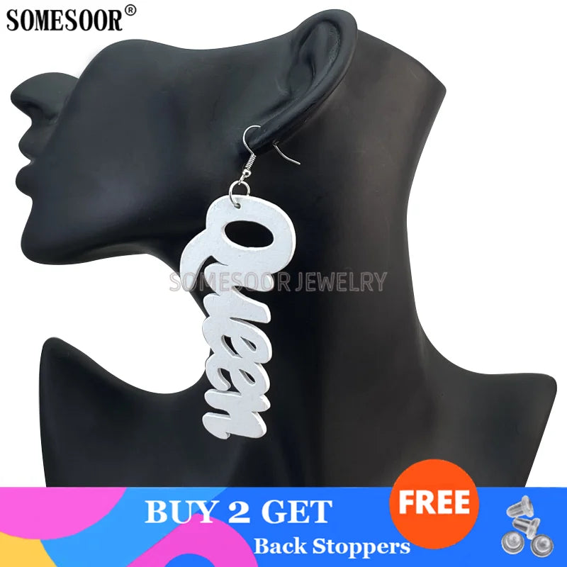 SOMESOOR Jewelry Hot Sale 9 Colors Laser Cutting QUEEN Word Shape High Quality Wooden Drop Pendants Cute Earrings For Women