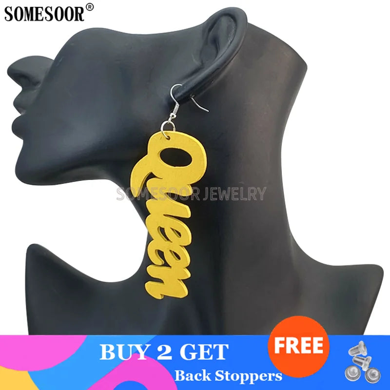 SOMESOOR Jewelry Hot Sale 9 Colors Laser Cutting QUEEN Word Shape High Quality Wooden Drop Pendants Cute Earrings For Women