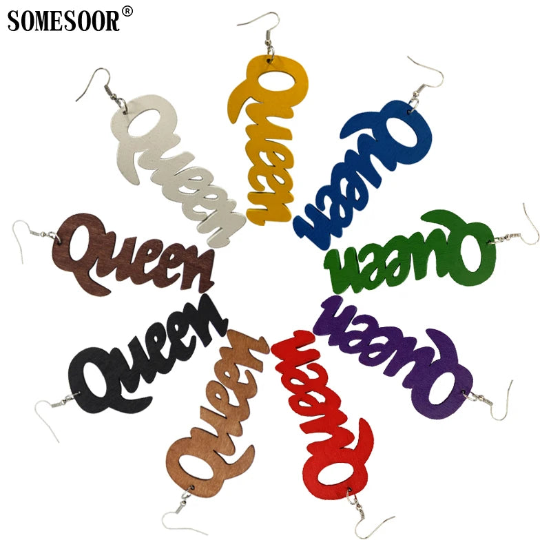 SOMESOOR Jewelry Hot Sale 9 Colors Laser Cutting QUEEN Word Shape High Quality Wooden Drop Pendants Cute Earrings For Women