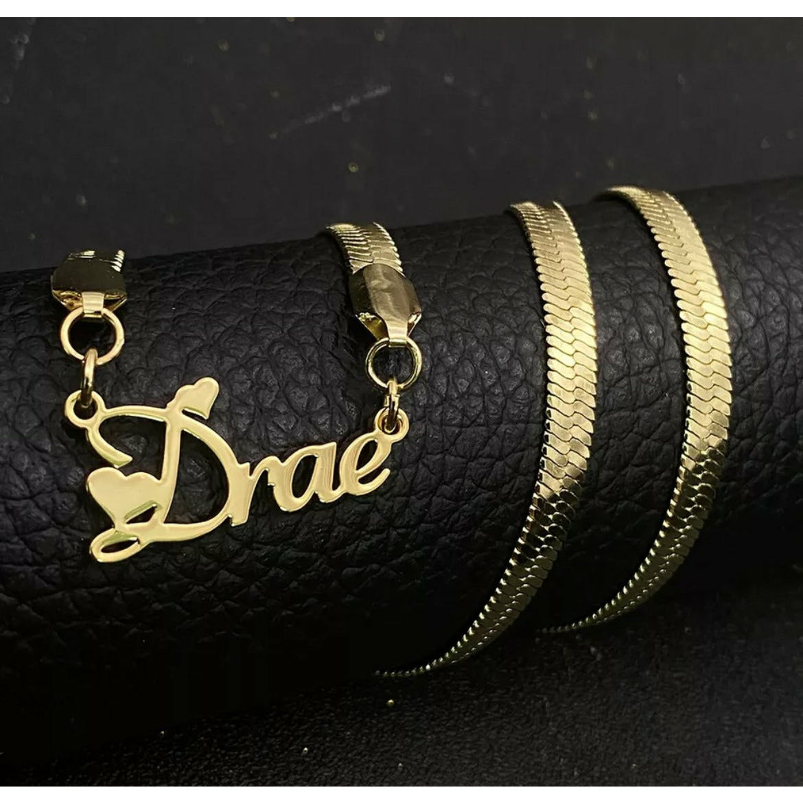90's Personalized Herringbone Gold Script Any Name Plate Necklace