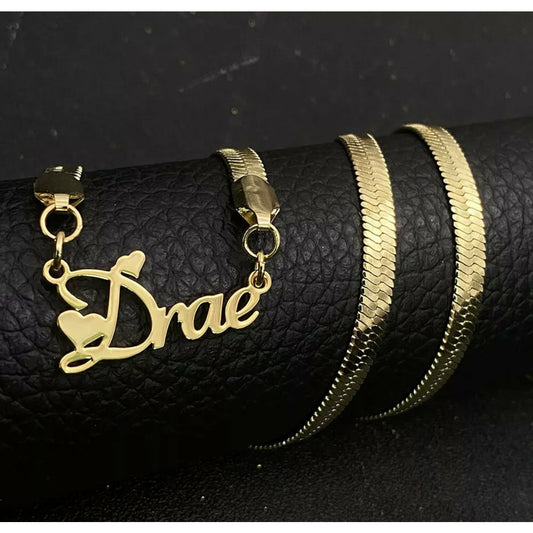 90's Personalized Herringbone Gold Script Any Name Plate Necklace