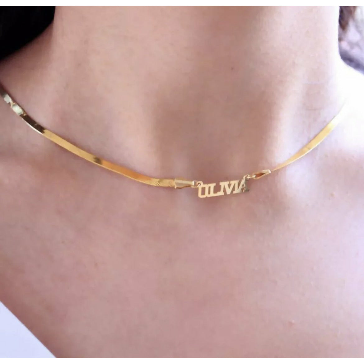 90's Personalized Herringbone Gold Script Any Name Plate Necklace