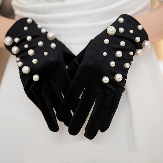 Velvet Gloves with Faux Pearl Accents