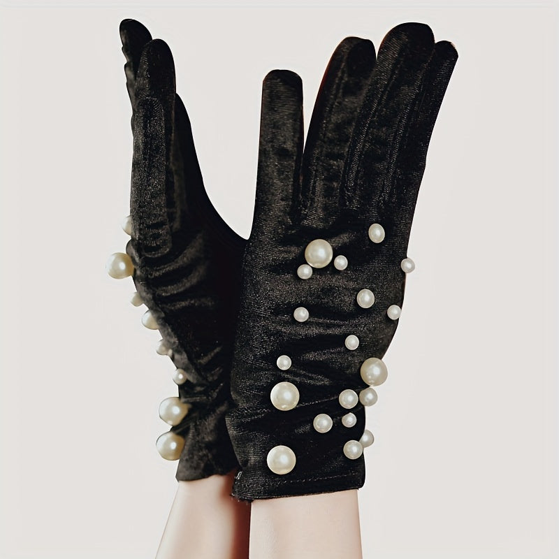 Velvet Gloves with Faux Pearl Accents