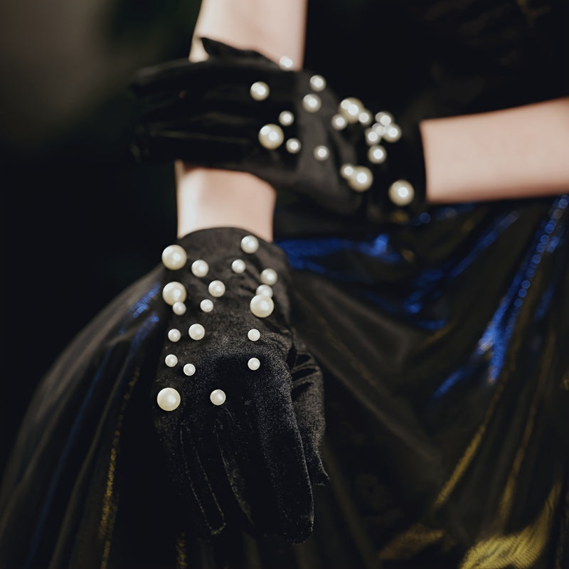 Velvet Gloves with Faux Pearl Accents