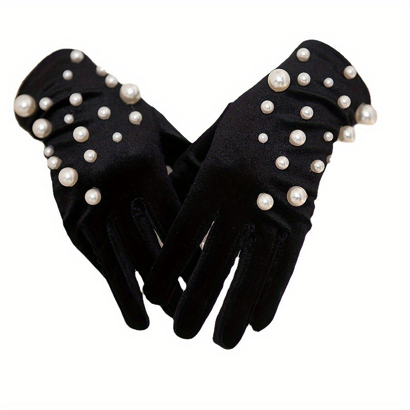 Velvet Gloves with Faux Pearl Accents