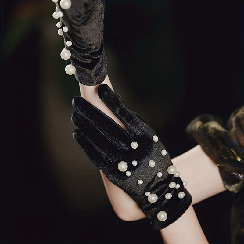 Velvet Gloves with Faux Pearl Accents