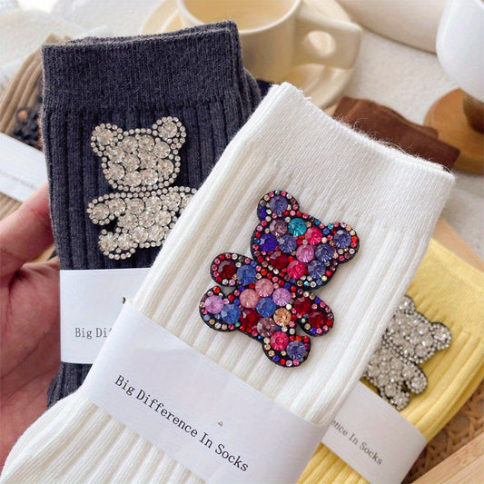 PBB-6 Pairs Rhinestone Bear Design Tube Socks