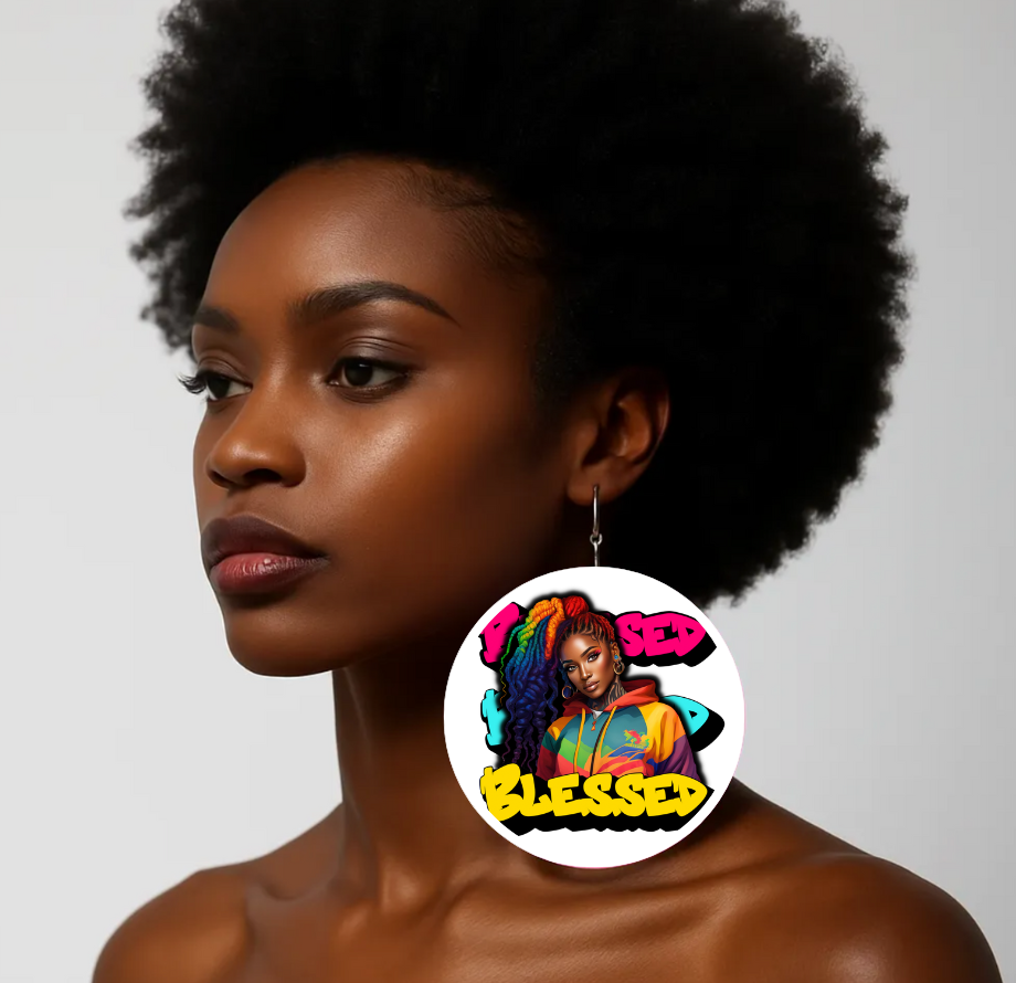 90's "Blessed" Black Woman Wood Pressed Hoop Earrings, Powerful