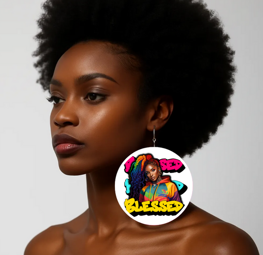 90's "Blessed" Black Woman Wood Pressed Hoop Earrings, Powerful
