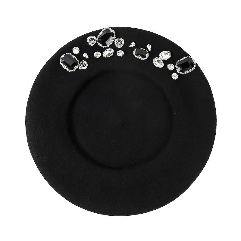 Women's Winter Fashion Beret Hat - Korean Style Wool Beret with Handcrafted Rhinestone Accents, 100% Cotton Breathable, Inelastic, Knitted Craftsmanship with Random Drilling Design