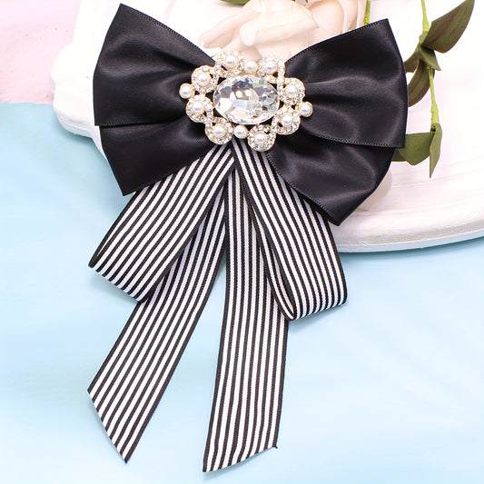 Elegant Black & White Striped Fabric Bow Brooch with Faux Pearl and Rhinestones