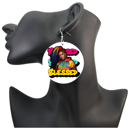 90's "Blessed" Black Woman Wood Pressed Hoop Earrings, Powerful