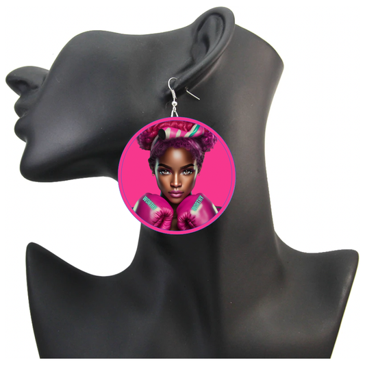 "Worthy" Boxing Wood Pressed Hoop Earrings Powerful Black Woman